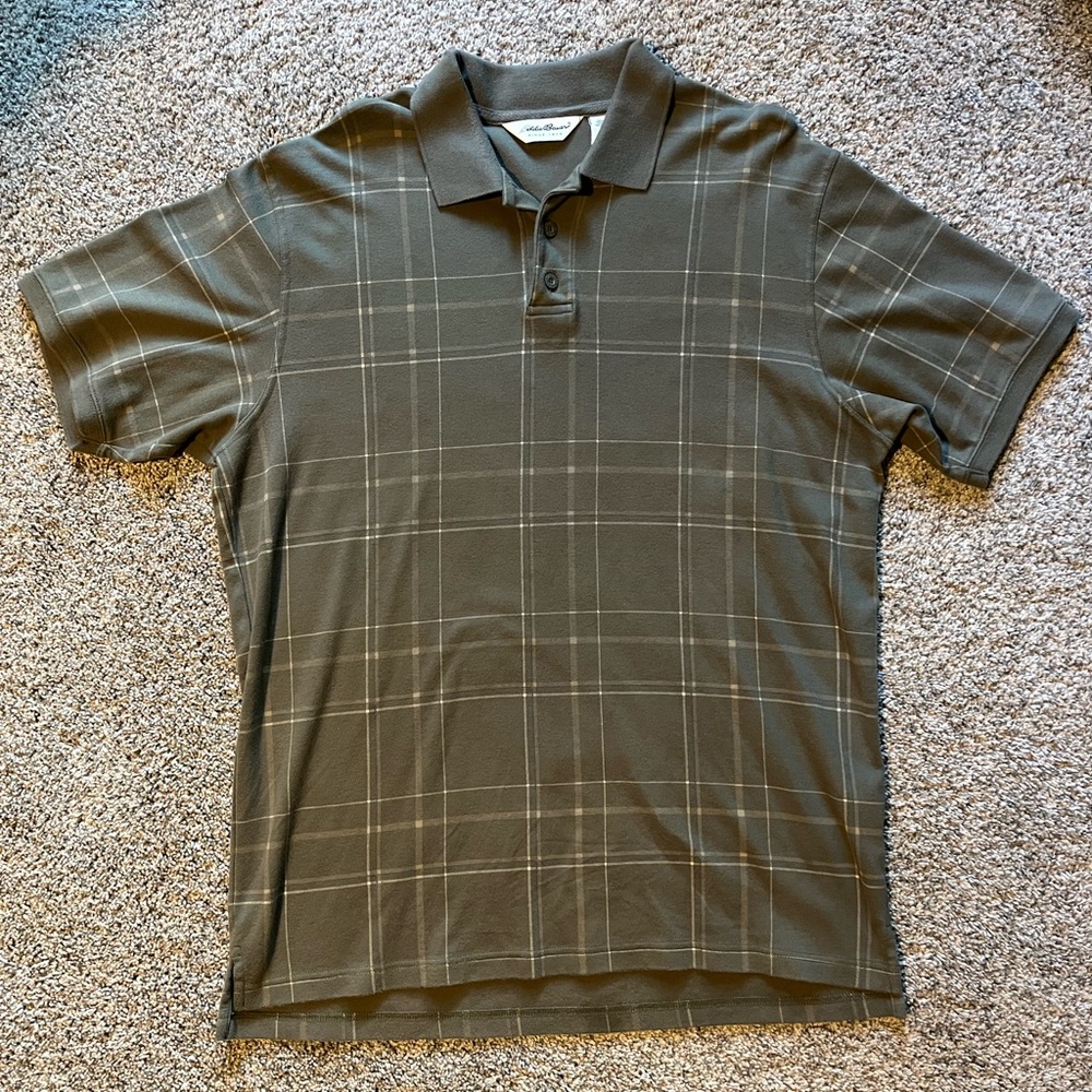Eddie Bauer Men's Size LT Large Tall Green Plaid Polo Shirt Short Sleeve Cotton